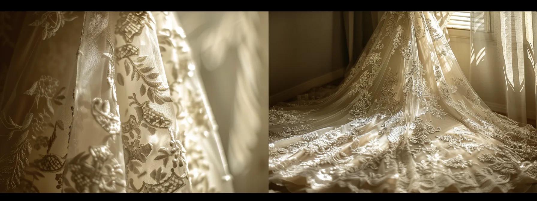a Stunning Bridal Gown Drapes Elegantly on a Mannequin, Showcasing Intricate Lace Details and Luxurious Fabric Under Soft, Diffused Lighting That Highlights the Superior Craftsmanship of Elysee Bridal Against a Refined, Minimalist Backdrop. - Scarlet Poppy Bridal Boutique - Scarlet Poppy Bridal Boutique