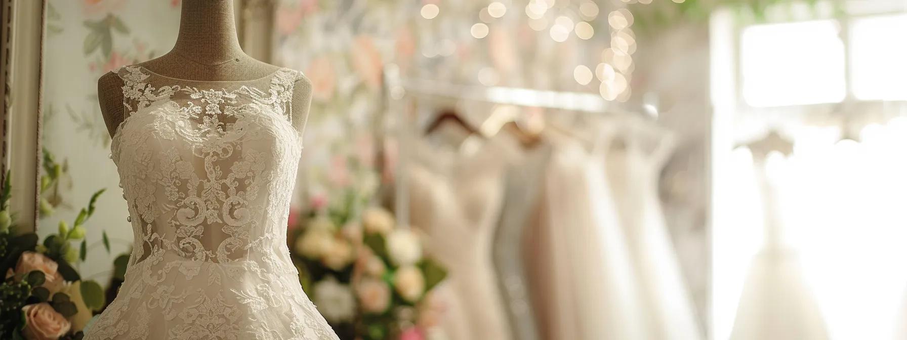 a Stunning Bridal Gown Drapes Gracefully on a Vintage Mannequin Against a Soft, Pastel-hued Backdrop, Radiating Elegance and Budget-friendly Charm in a Charming Bridal Boutique Setting. - Scarlet Poppy Bridal Boutique - Scarlet Poppy Bridal Boutique