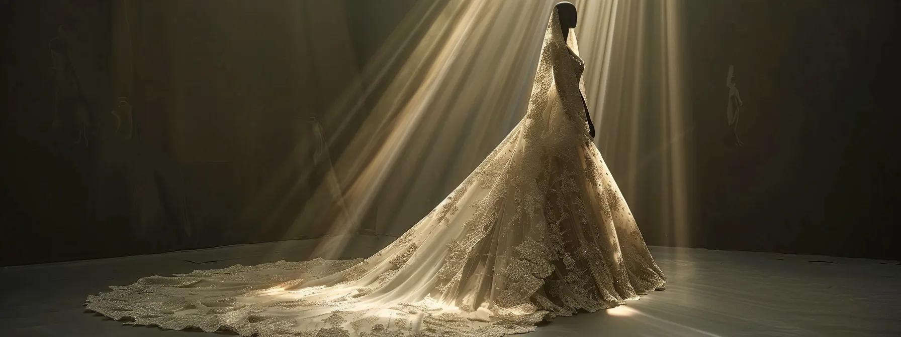 a Stunning Bridal Gown from the Elysee Collection Elegantly Drapes on a Mannequin, Illuminated by Soft, Diffused Lighting That Highlights the Intricate Lace Details and Flowing Silhouette Against a Serene, Muted Backdrop. - Scarlet Poppy Bridal Boutique - Scarlet Poppy Bridal Boutique