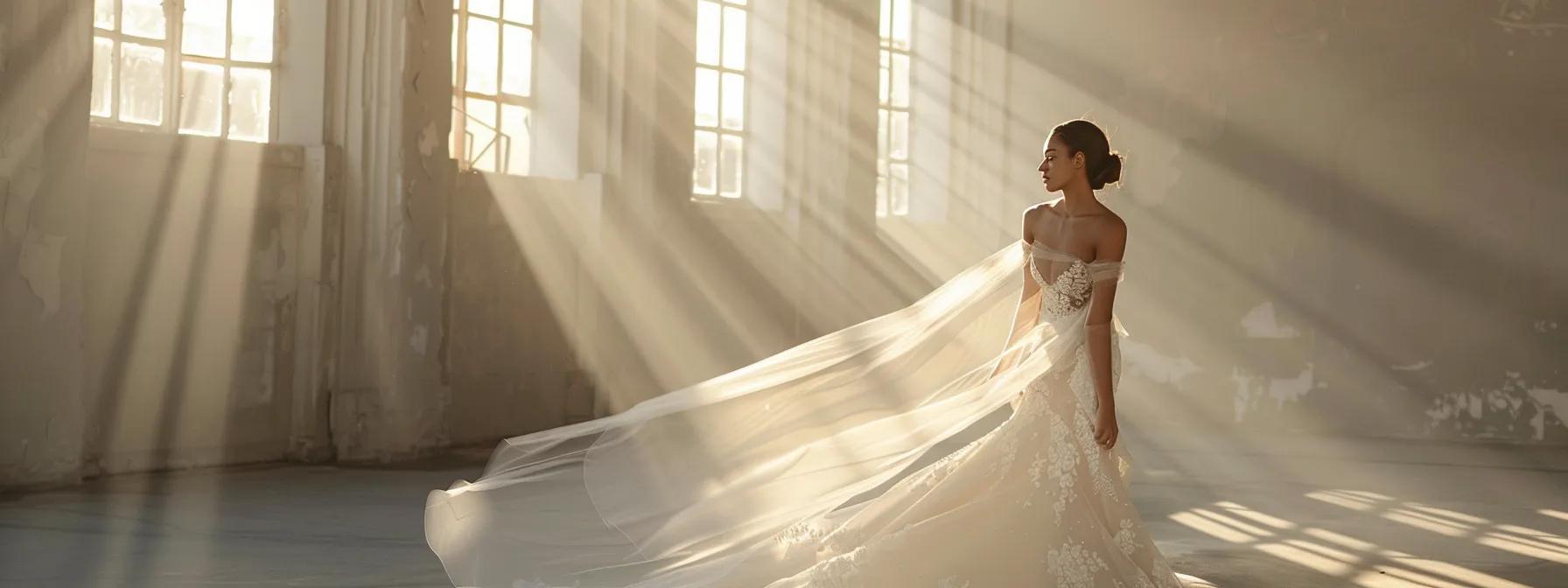a Stunning Bridal Gown from Maggie Sottero's Exclusive Collection Gracefully Drapes Against an Ethereal Backdrop of Soft, Diffused Natural Light, Highlighting Its Intricate Lace Details and Flowing Silhouette. - Scarlet Poppy Bridal Boutique - Scarlet Poppy Bridal Boutique
