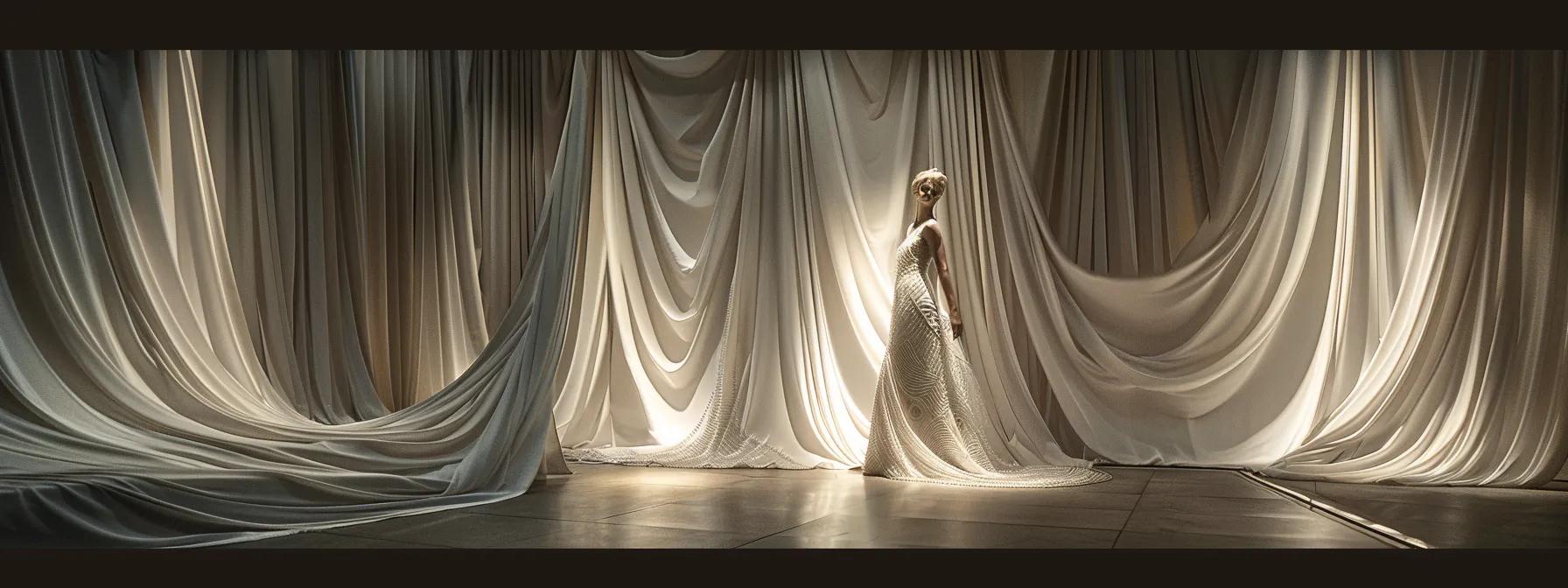 a Stunning, Elegantly Draped Maggie Sottero Gown Showcases Intricate Craftsmanship and Luxurious Fabric, Illuminated by Soft, Diffused Lighting in an Upscale Bridal Boutique. - Scarlet Poppy Bridal Boutique - Scarlet Poppy Bridal Boutique