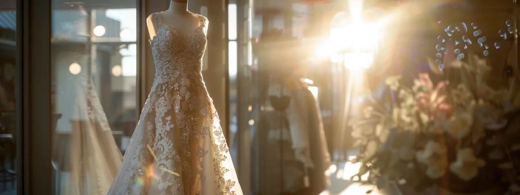 a Stunning, Intricate Lace Bridal Gown Displayed in a Sunlit Luxury Boutique, Dripping with Elegance and Allure. - Scarlet Poppy Bridal Boutique - Scarlet Poppy Bridal Boutique