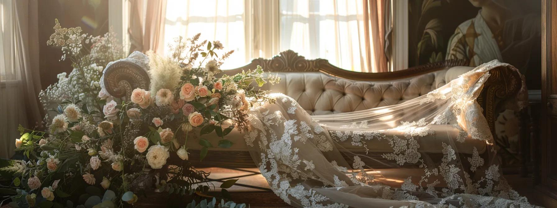 a Stunning Vintage Lace Wedding Dress Elegantly Drapes over a Sunlit Antique Chaise Longue, Surrounded by Soft, Romantic Blooms, Creating a Timeless Bridal Ambience in Leeds. - Scarlet Poppy Bridal Boutique - Scarlet Poppy Bridal Boutique