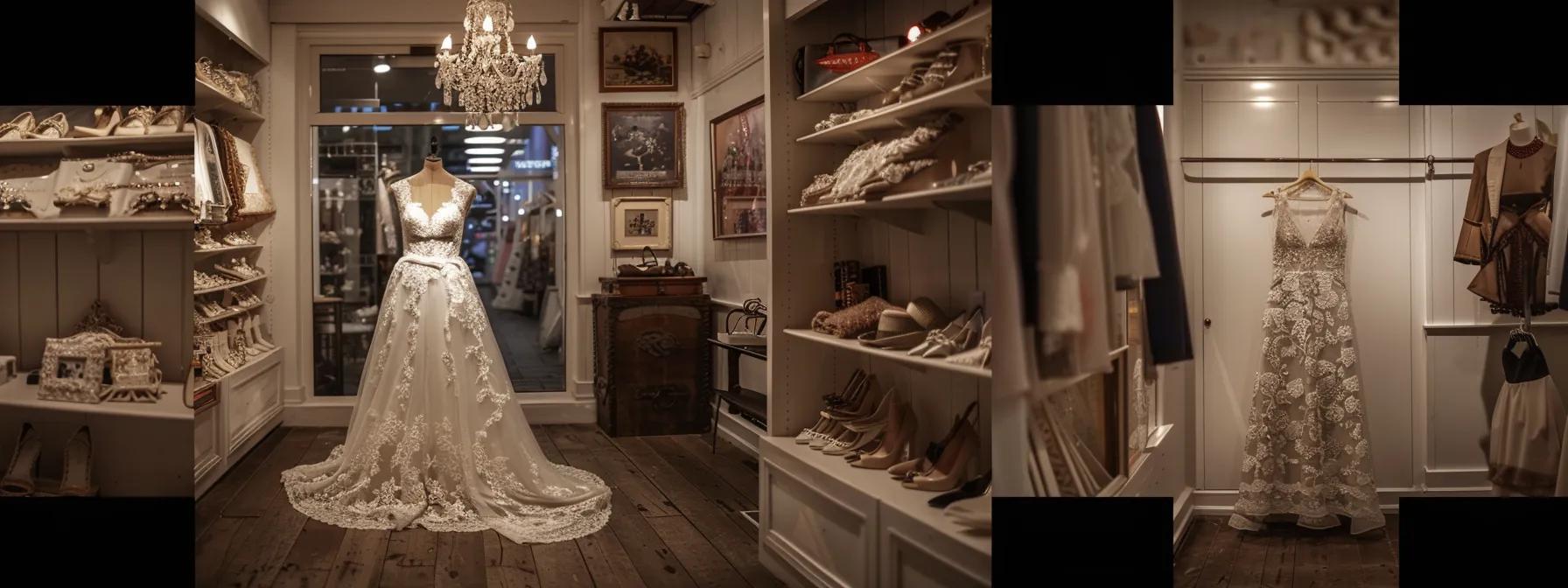 a Stunning Vintage Wedding Gown Elegantly Displayed in a Charming Leeds Bridal Boutique, Illuminated by Soft, Diffused Natural Light That Accentuates the Intricate Lace and Delicate Embroidery. - Scarlet Poppy Bridal Boutique - Scarlet Poppy Bridal Boutique