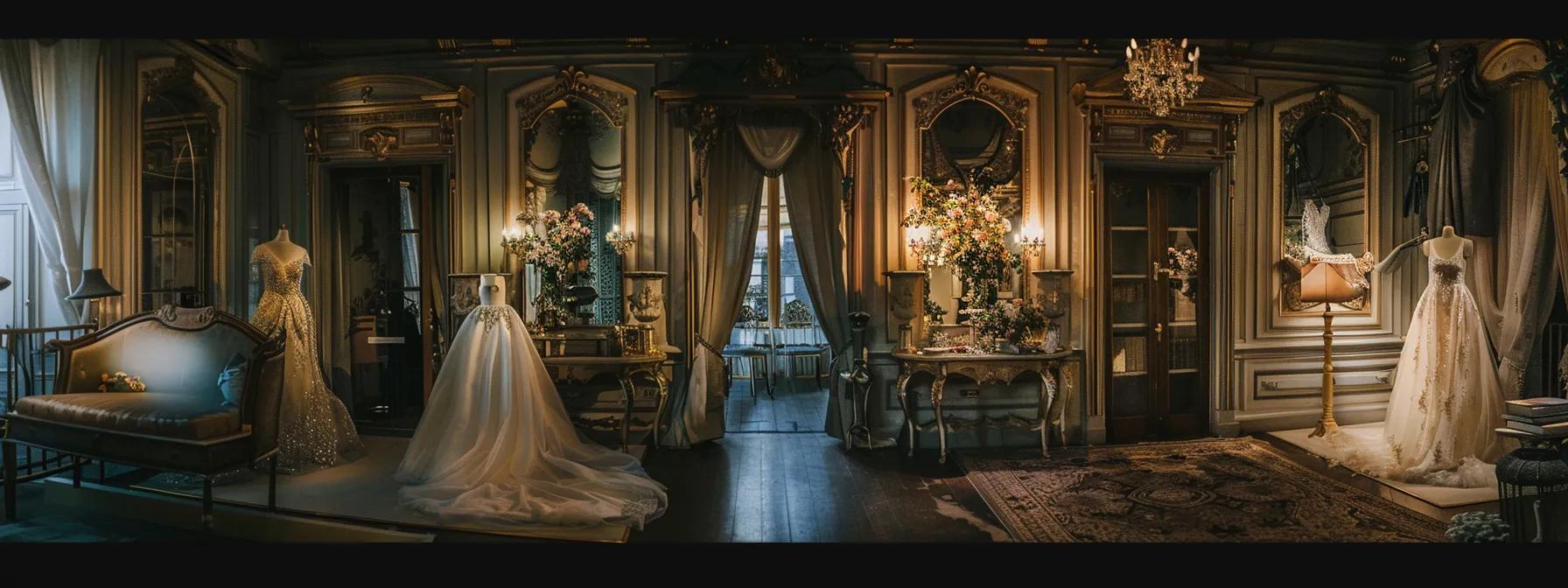 an Elegant Bridal Boutique in Leeds, Adorned with Shimmering Dresses Displayed on Ornate Stands, Bathed in Soft, Ethereal Lighting That Invites Brides-to-be to Discover Their Dream Gown. - Scarlet Poppy Bridal Boutique - Scarlet Poppy Bridal Boutique