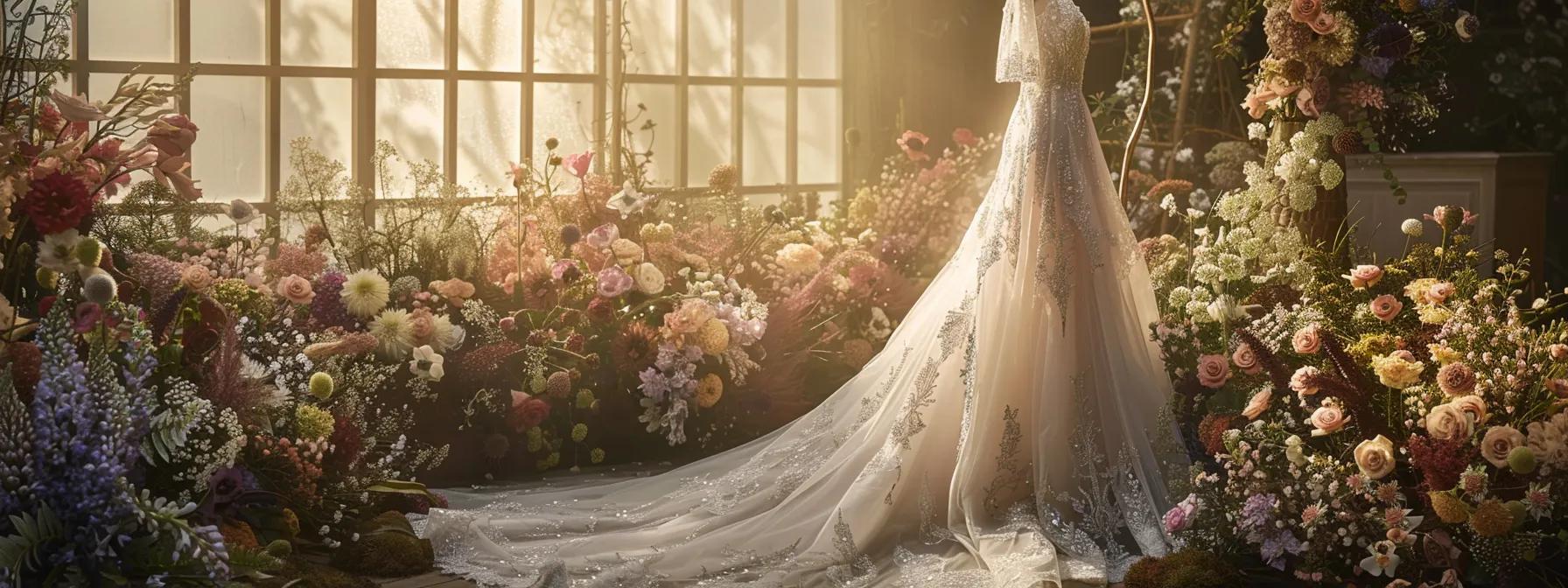 an Elegant Bridal Gown Adorned with Intricate Lace Details and Flowing Chiffon Trails, Displayed Against a Softly Lit, Ethereal Backdrop of Pastel Flowers That Evoke a Romantic and Whimsical Atmosphere. - Scarlet Poppy Bridal Boutique - Scarlet Poppy Bridal Boutique