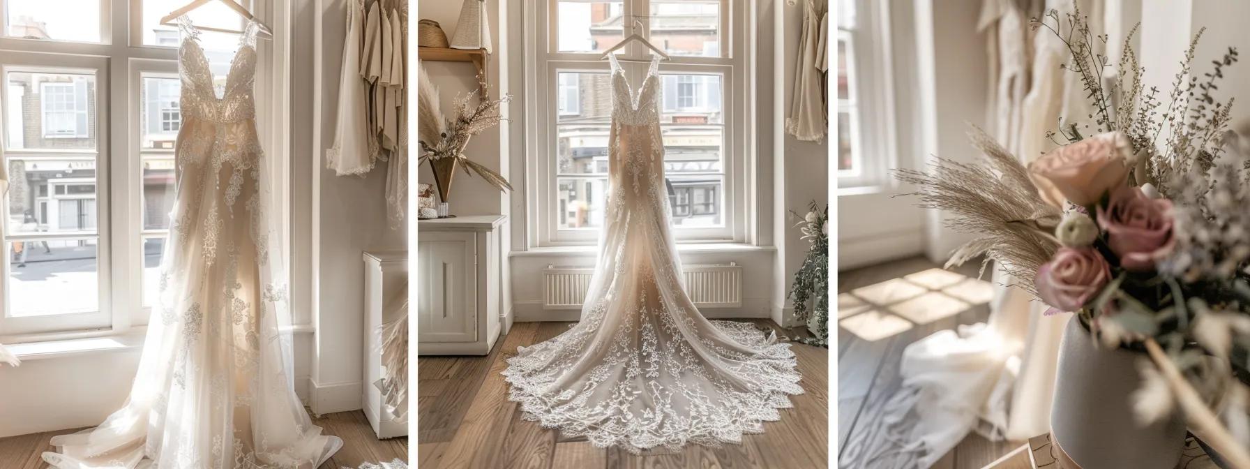 an Elegant Bridal Gown Displayed in a Chic, Sunlit Boutique in Leeds, Showcasing Intricate Lace Details and Flowing Silk Fabric, Surrounded by Soft Pastel Decor. - Scarlet Poppy Bridal Boutique - Scarlet Poppy Bridal Boutique