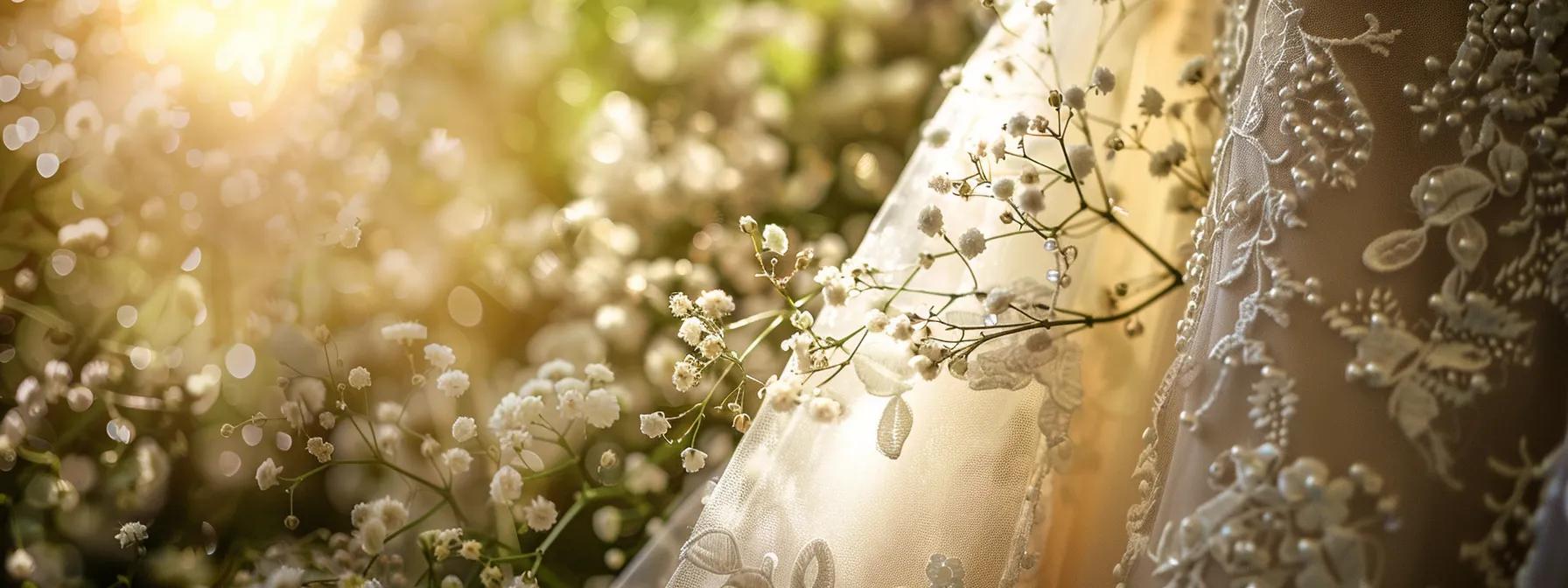 an Elegant Vintage Wedding Dress, Adorned with Intricate Lace and Delicate Pearl Embellishments, Hangs Gracefully Against a Soft, Sunlit Backdrop of Blooming Flowers. - Scarlet Poppy Bridal Boutique - Scarlet Poppy Bridal Boutique