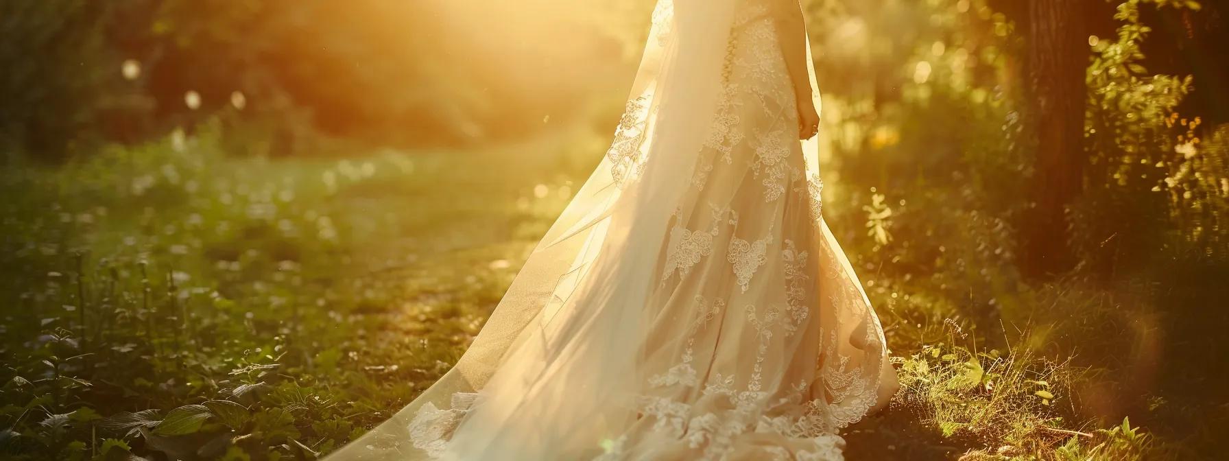 an Ethereal Bridal Gown Gracefully Drapes over a Sunlit Garden, Its Intricate Lace Details Shimmering Softly in the Golden Hour, Embodying Romance and Elegance. - Scarlet Poppy Bridal Boutique - Scarlet Poppy Bridal Boutique