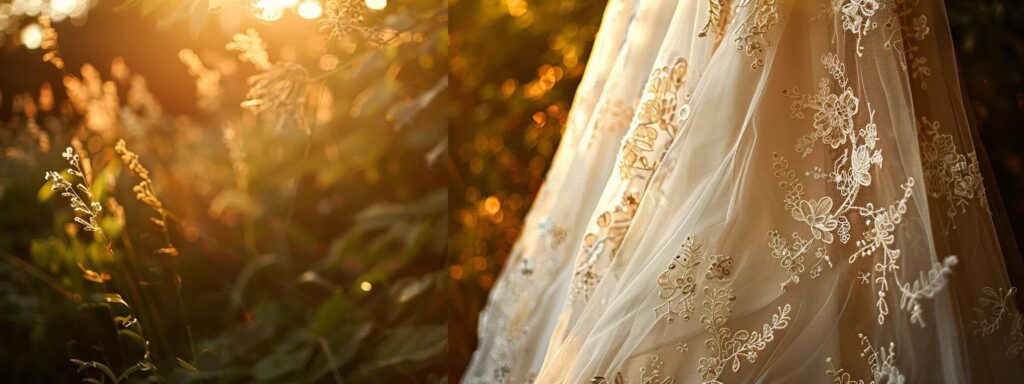 an Ethereal Vintage Wedding Dress, Adorned with Intricate Embroidery and Delicate Lace, Flows Gracefully in Soft Sunlight Against a Lush Garden Backdrop. - Scarlet Poppy Bridal Boutique - Scarlet Poppy Bridal Boutique