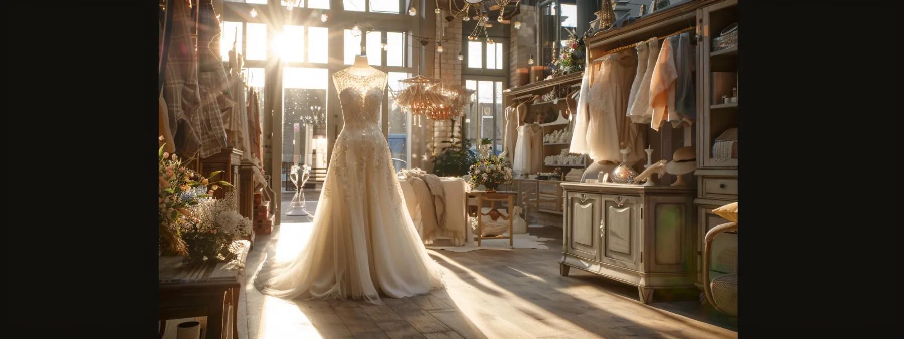 an Opulent Bridal Gown, Intricately Designed with Delicate Lace and Shimmering Embellishments, Hangs Gracefully in a Sunlit Boutique in Leeds, Surrounded by Elegant Decor and Soft, Ethereal Fabrics. - Scarlet Poppy Bridal Boutique - Scarlet Poppy Bridal Boutique