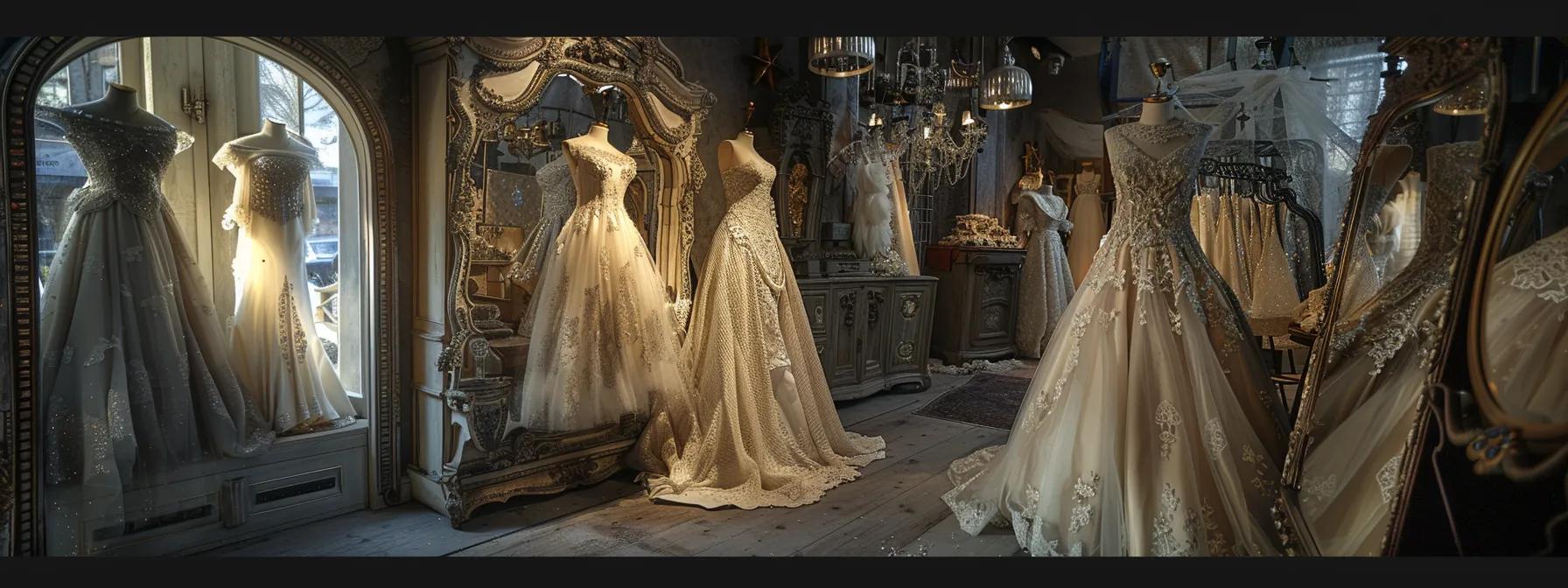 an Opulent Bridal Shop in Leeds Showcases an Array of Exquisite Wedding Gowns, Adorned with Delicate Lace and Shimmering Embellishments, Bathed in Soft, Ambient Light That Highlights Their Intricate Details. - Scarlet Poppy Bridal Boutique - Scarlet Poppy Bridal Boutique