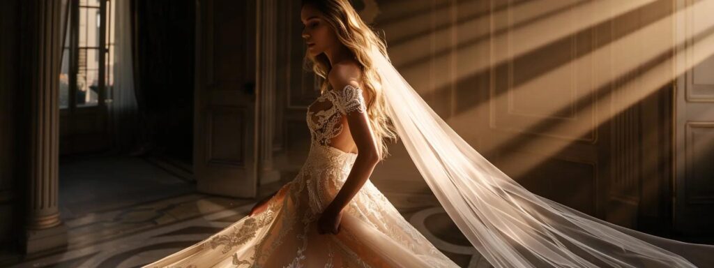 a Breathtaking Bridal Model Gracefully Showcases an Intricately Designed élysée Gown, Adorned with Exquisite Lace and Delicate Tulle Accents, Standing Against a Softly Lit, Romantic Backdrop That Enhances the Gown's Unique Elegance. - Scarlet Poppy Bridal Boutique - Scarlet Poppy Bridal Boutique