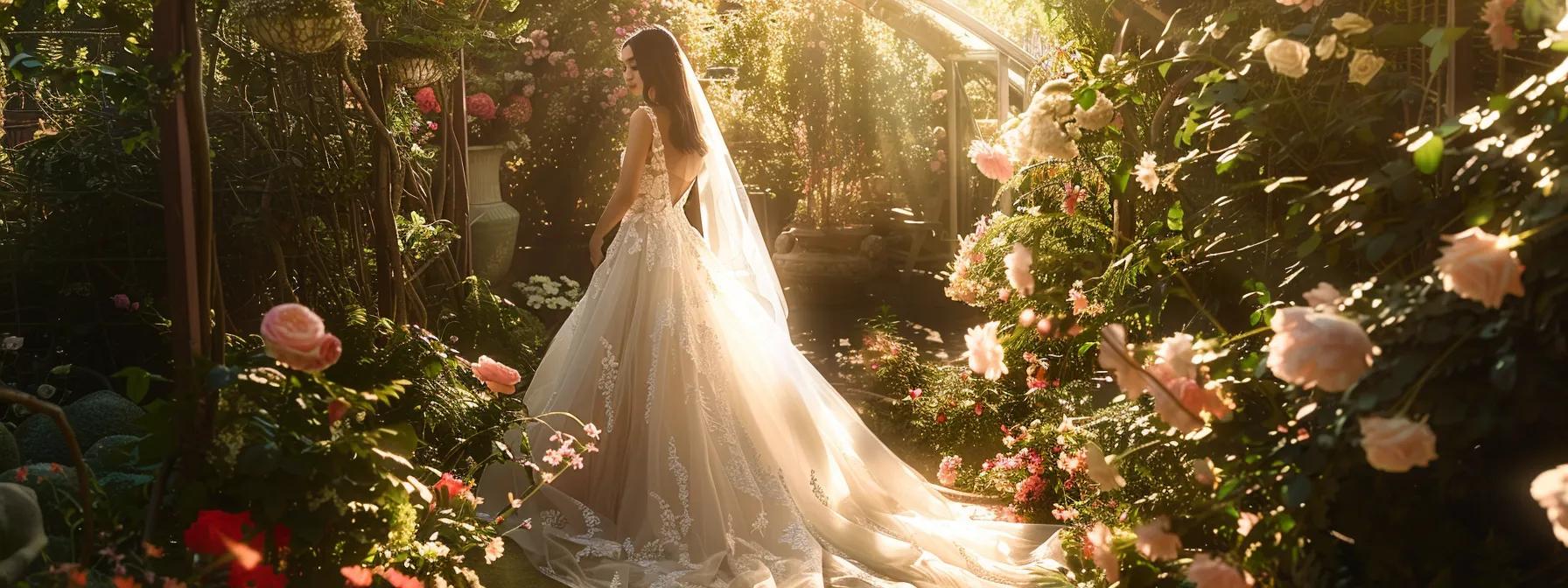 a Breathtaking Bridal Scene Showcases a Stunning Elysee Gown, Elegantly Flowing in Soft, Ethereal Light, Set Against a Romantic Garden Backdrop Filled with Blooming Flowers and Greenery. - Scarlet Poppy Bridal Boutique - Scarlet Poppy Bridal Boutique