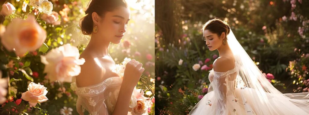 a Breathtaking Bride in an Elegant élysée Bridal Gown Stands in a Sun-drenched Garden, Surrounded by Lush Flowers and Soft, Romantic Lighting That Highlights the Gown's Intricate Details and Flowing Silhouette. - Scarlet Poppy Bridal Boutique - Scarlet Poppy Bridal Boutique