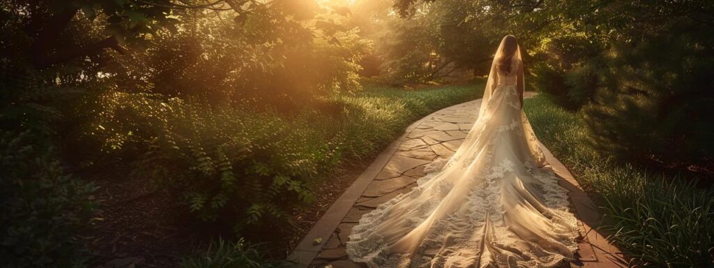 a Breathtaking Vintage Wedding Dress, Adorned with Intricate Lace and Delicate Beading, Cascades Elegantly on a Sunlit Garden Path, Embodying Timeless Romance and Sophistication. - Scarlet Poppy Bridal Boutique - Scarlet Poppy Bridal Boutique