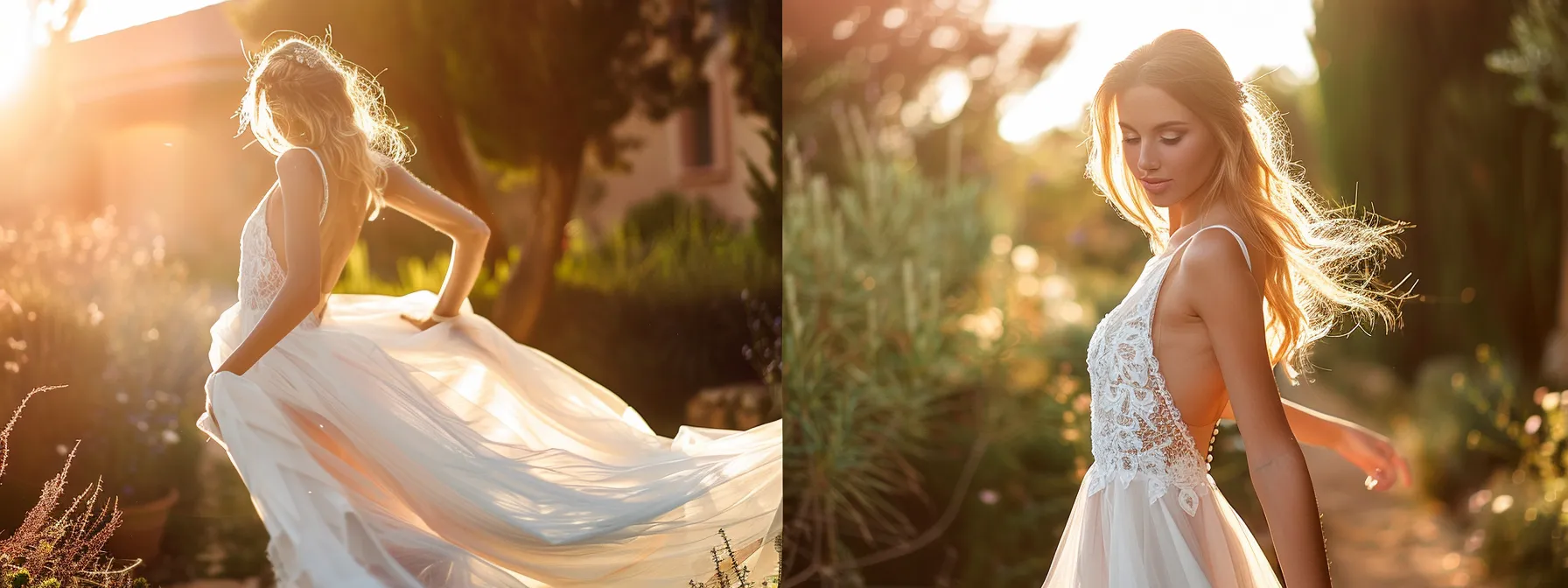 Bride Twirling in a Chic, Modern Short Wedding Dress in a Sunlit Garden. - Scarlet Poppy Bridal Boutique - Scarlet Poppy Bridal Boutique