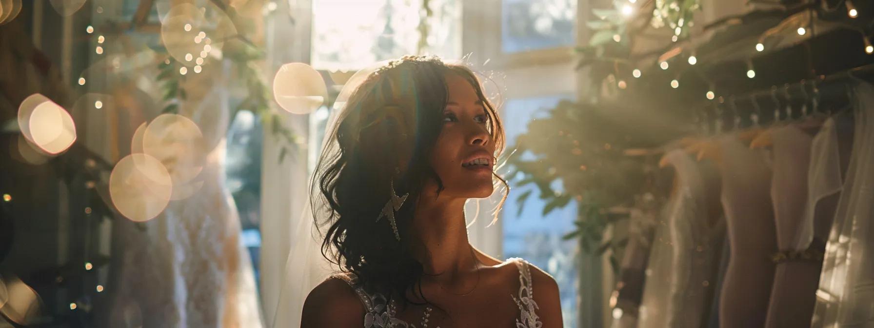 a Radiant Bride-to-be Stands Amidst an Elegant Boutique, Surrounded by an Array of Stunning Wedding Dresses, Each Shimmering Under Soft, Diffused Lighting That Highlights the Intricate Lace and Delicate Fabrics. - Scarlet Poppy Bridal Boutique - Scarlet Poppy Bridal Boutique