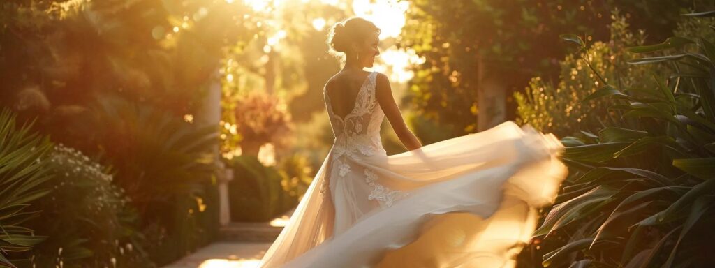 a Radiant Bride Gracefully Twirls in an Elegant élysée Bridal Gown, Showcasing Its Flowing Silhouette and Breathable Fabric Amidst a Sunlit Outdoor Garden, Capturing the Essence of Comfort and Joy on Her Special Day. - Scarlet Poppy Bridal Boutique - Scarlet Poppy Bridal Boutique