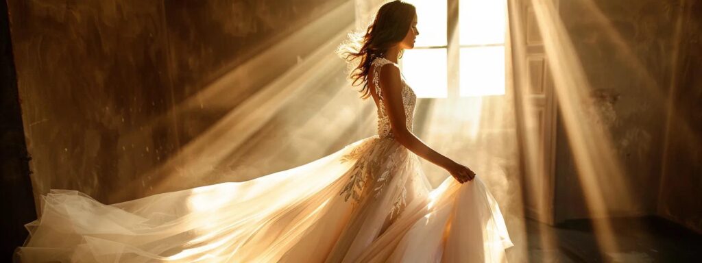 a Radiant Bride Stands Gracefully in a Stunning Gown from the élysée Bridal Collection, Showcasing a Harmonious Blend of Traditional Elegance and Modern Sophistication, Surrounded by a Soft, Ethereal Light That Enhances the Intricate Details and Vibrant Colors of Her Attire. - Scarlet Poppy Bridal Boutique - Scarlet Poppy Bridal Boutique