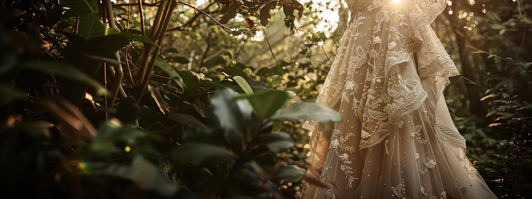 a Stunning Boho Vintage Wedding Dress Elegantly Drapes Against a Backdrop of Lush Greenery, Illuminated by Soft, Golden Sunlight, Evoking a Romantic, Ethereal Atmosphere. - Scarlet Poppy Bridal Boutique - Scarlet Poppy Bridal Boutique