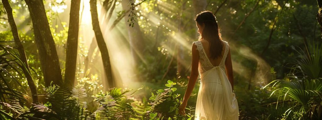 a Stunning Bride Stands Gracefully in a Sunlit Forest, Adorned in a Timeless élysée Bridal Gown Made of Sustainably Sourced Materials, Symbolizing Elegance and Eco-consciousness in Her Intimate Wedding Celebration. - Scarlet Poppy Bridal Boutique - Scarlet Poppy Bridal Boutique
