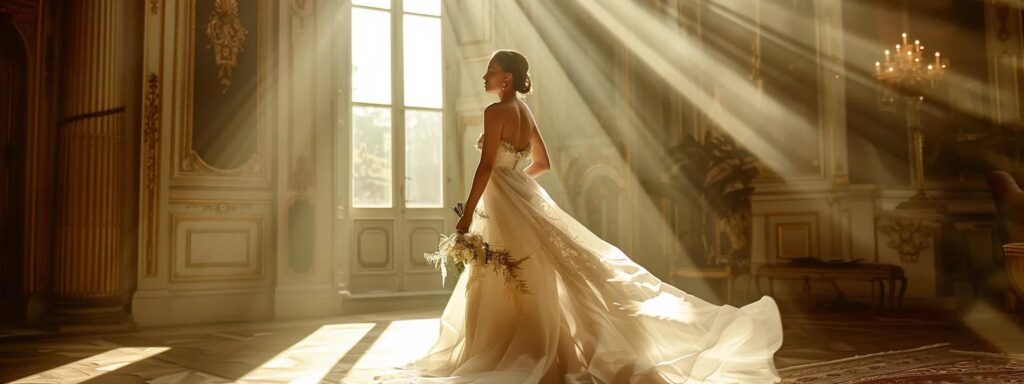 a Radiant Bride Stands in a Sunlit Room, Elegantly Draped in an élysée Bridal Gown, Showcasing Its Intricate Design and Flowing Silhouette As She Gazes at Her Reflection with a Heartfelt Smile, Symbolizing the Deep Emotional Connection to Her Wedding Dress. - Scarlet Poppy Bridal Boutique - Scarlet Poppy Bridal Boutique