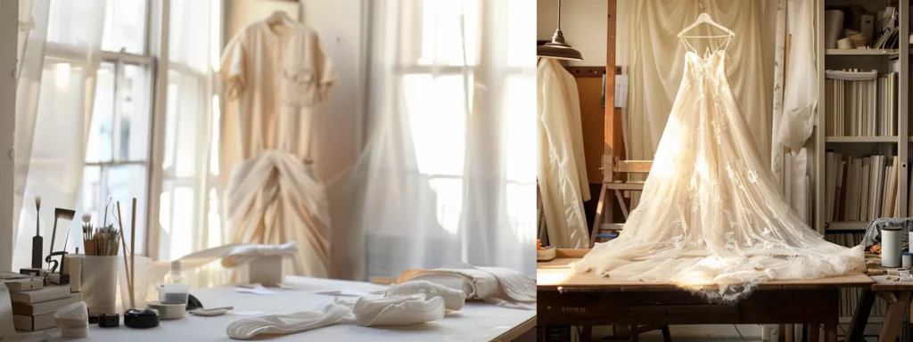 a Beautiful Bridal Gown Hangs Gracefully in a Soft-lit Tailor's Studio, Showcasing the Intricate Details of Delicate Fabrics and Elegant Alterations That Signify the Artistry of Expert Craftsmanship. - Scarlet Poppy Bridal Boutique - Scarlet Poppy Bridal Boutique