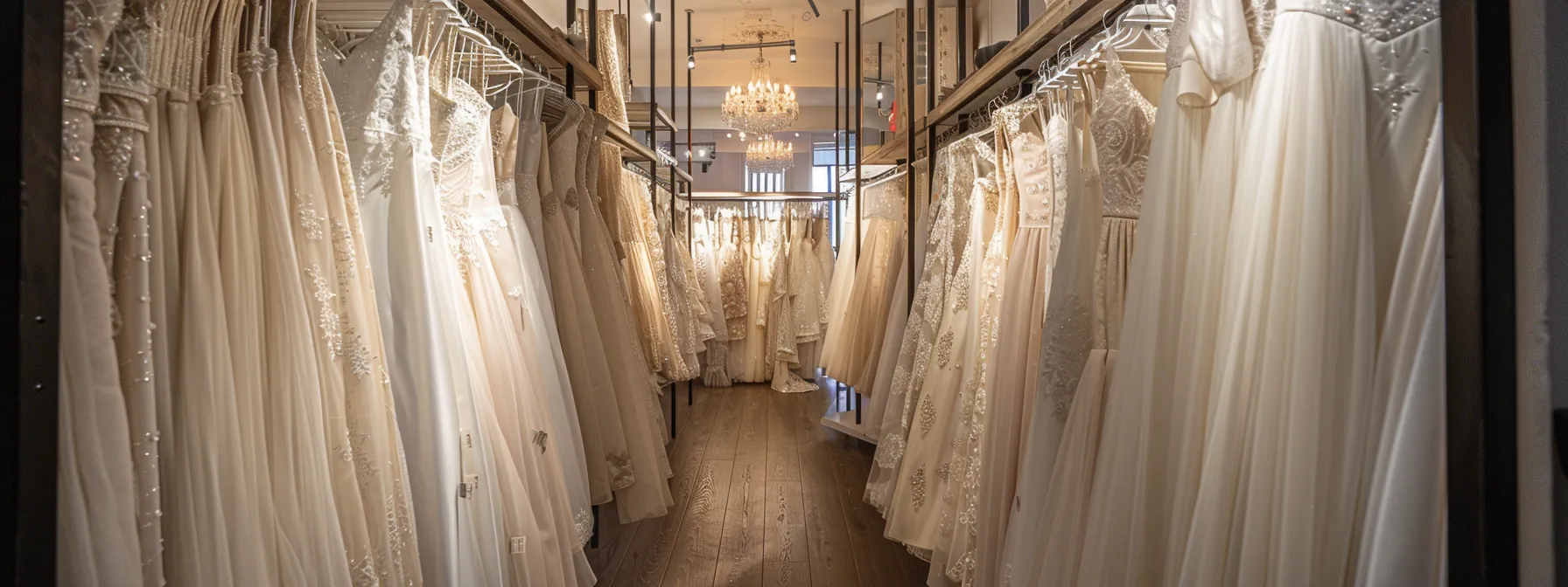 a Beautiful Bridal Shop in Leeds Showcases a Stunning Array of Affordable Bridal Gowns Elegantly Displayed Against Soft, Ambient Lighting That Highlights Their Intricate Fabrics and Delicate Designs. - Scarlet Poppy Bridal Boutique - Scarlet Poppy Bridal Boutique