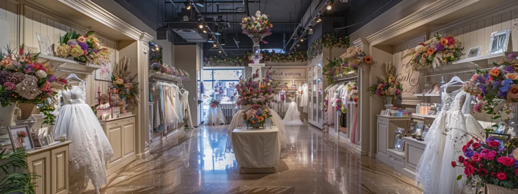 a Beautifully Adorned Bridal Boutique Showcases an Inviting Interior Filled with Elegant Gowns, Vibrant Local Floral Arrangements, and Community Event Flyers, Illuminated by Soft, Warm Lighting That Emphasizes Its Commitment to Ethical and Sustainable Practices. - Scarlet Poppy Bridal Boutique - Scarlet Poppy Bridal Boutique