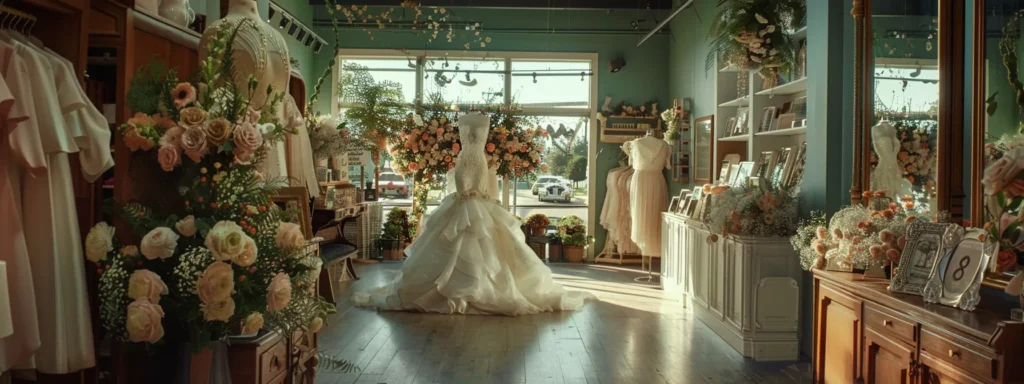 a Beautifully Arranged Bridal Boutique Interior, Adorned with Elegant Gowns and Floral Displays, Bathed in Soft, Natural Light, Symbolizing the Harmonious Collaboration Between Local Vendors and the Wedding Planning Journey. - Scarlet Poppy Bridal Boutique - Scarlet Poppy Bridal Boutique