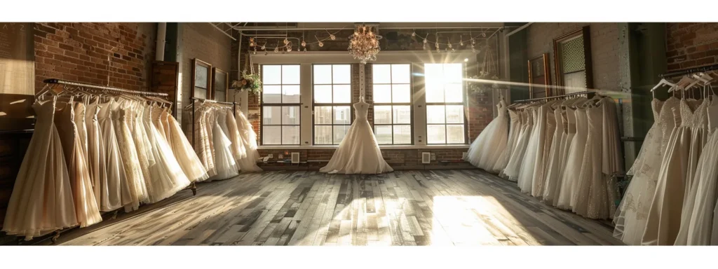 a Beautifully Arranged Bridal Boutique Showcases an Array of Unique Wedding Gowns Draped Elegantly on Vintage Racks, Illuminated by Soft, Natural Light Filtering Through Large Windows, Creating an Enchanting Atmosphere That Highlights the Individuality of Each Dress. - Scarlet Poppy Bridal Boutique - Scarlet Poppy Bridal Boutique