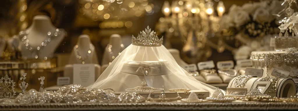 a beautifully arranged bridal display features an elegant veil, sparkling tiara, and exquisite jewelry, all artistically positioned to highlight the intricate details and varying price tags against a soft, romantic backdrop illuminated by warm golden light.