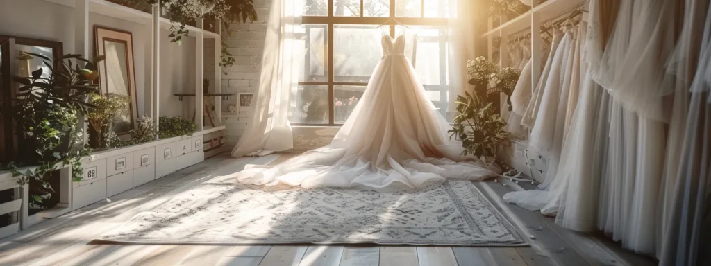 a Beautifully Arranged Bridal Gown Displayed in a Sunlit Boutique, Surrounded by Charts Detailing Pricing Comparisons, Conveying the Essence of Informed Decision-making for Brides. - Scarlet Poppy Bridal Boutique - Scarlet Poppy Bridal Boutique