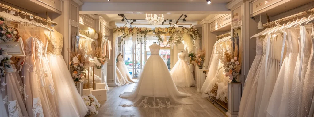 a beautifully arranged bridal shop showcases elegant wedding gowns adorned with seasonal decorations, highlighting exclusive promotional signs and discounts, bathed in soft, natural lighting that creates an inviting atmosphere for brides-to-be.