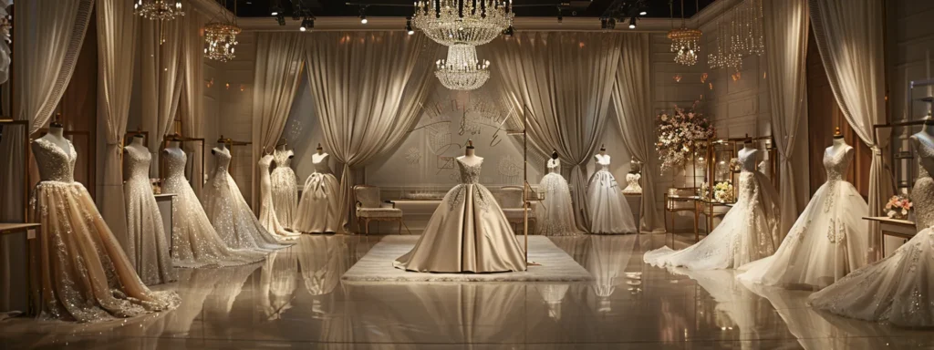 a beautifully arranged bridal shop scene showcases an array of wedding dresses draped elegantly on mannequins, featuring luxurious fabrics and intricate designs, illuminated by soft, natural light that highlights the richness of the garments and evokes a sense of wedding-day magic.
