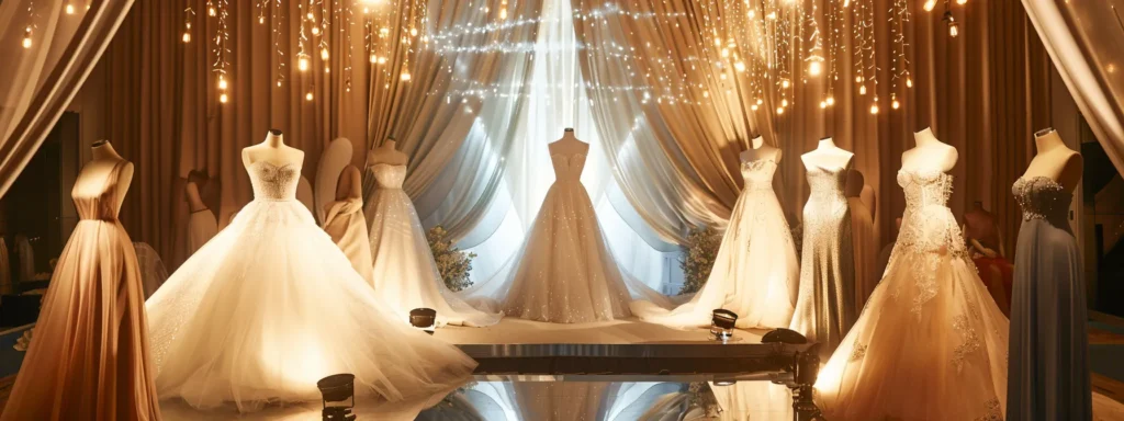 a Beautifully Arranged Display of Wedding Dresses Draped Elegantly on Mannequins, Surrounded by a Collage of Glowing Customer Reviews and Critiques, Illuminated by Soft, Romantic Lighting That Highlights the Intricate Details of the Fabric. - Scarlet Poppy Bridal Boutique - Scarlet Poppy Bridal Boutique