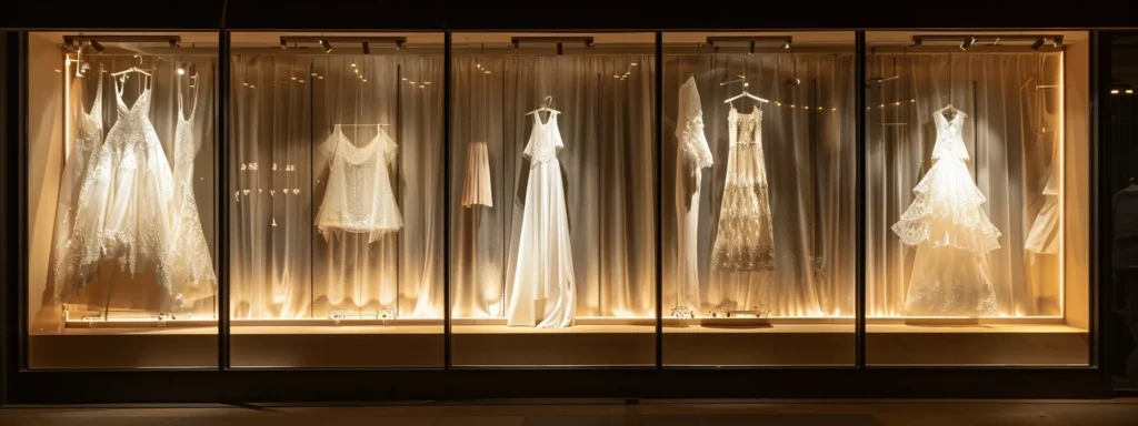 a Beautifully Arranged Wedding Dress Display in a Softly Lit Boutique, Showcasing Elegant Gowns with Delicate Lace and Flowing Fabrics, Inviting the Viewer to Explore Budget-friendly Bridal Options. - Scarlet Poppy Bridal Boutique - Scarlet Poppy Bridal Boutique
