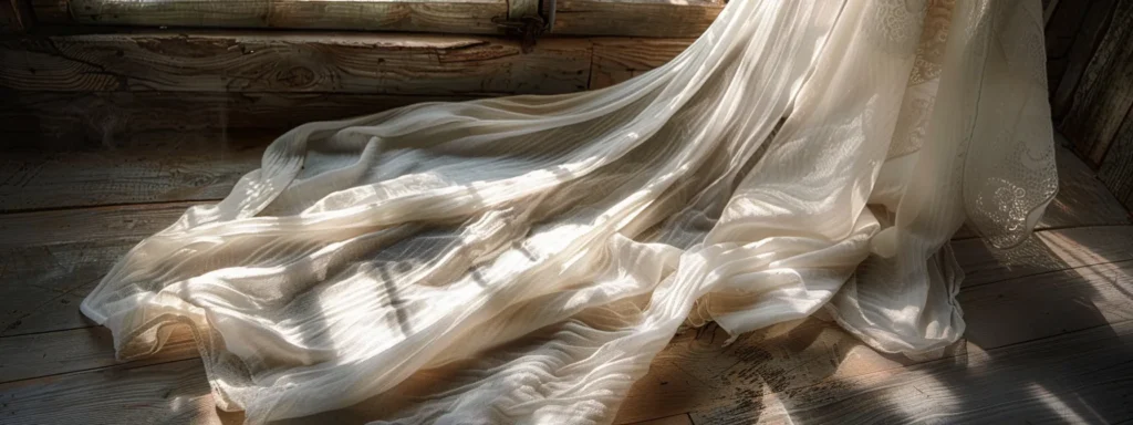 a Beautifully Crafted Bridal Gown Made from Organic Fabrics Drapes Elegantly Across a Rustic Wooden Display, Highlighting the Intricate Stitching and Sustainable Artistry, Bathed in Soft, Natural Light That Enhances Its Timeless Allure. - Scarlet Poppy Bridal Boutique - Scarlet Poppy Bridal Boutique