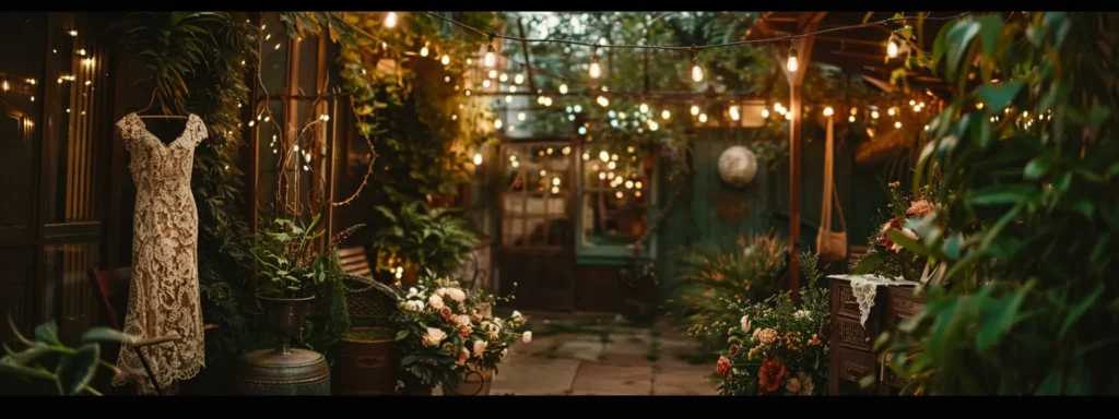 a Beautifully Decorated Bohemian Wedding Scene Highlights Intricate Lace Dresses Draping Elegantly Among Lush Greenery and Soft, Warm Ambient Lighting, Creating an Enchanting and Romantic Atmosphere. - Scarlet Poppy Bridal Boutique - Scarlet Poppy Bridal Boutique