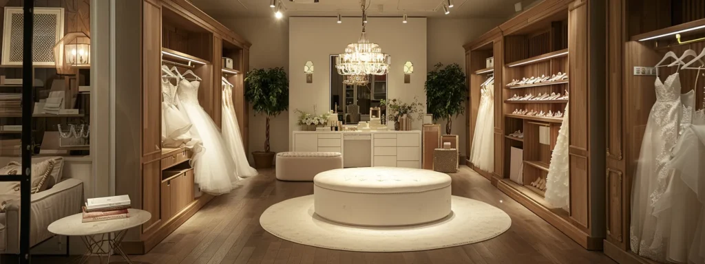 a Beautifully Designed Private Bridal Consultation Room in a Boutique Shop, Illuminated by Soft, Warm Lighting, Featuring Elegant Bridal Gowns on Display and a Welcoming Atmosphere That Invites Personalized Style Exploration. - Scarlet Poppy Bridal Boutique - Scarlet Poppy Bridal Boutique