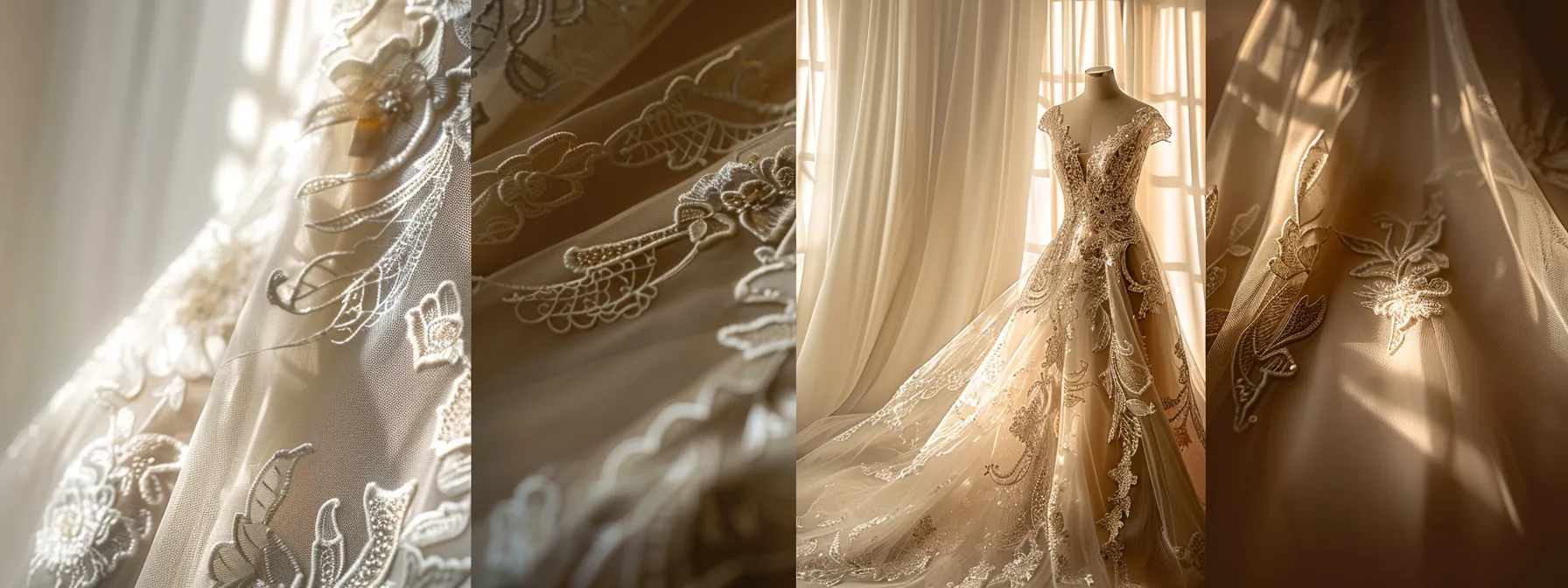 a Beautifully Designed Wedding Dress, Elegantly Draped on a Mannequin Against a Soft, Natural Light Backdrop, Showcasing Intricate Alterations and Fine Lace Details That Highlight the Essence of Bridal Elegance and Craftsmanship. - Scarlet Poppy Bridal Boutique - Scarlet Poppy Bridal Boutique