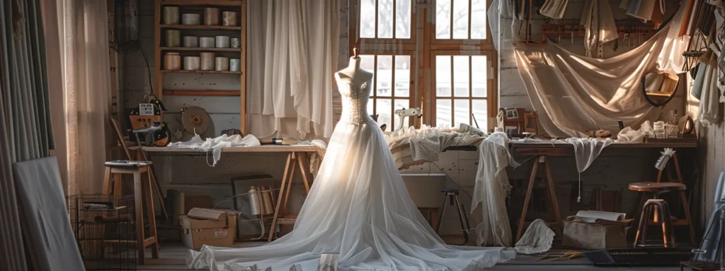 a Beautifully Draped Wedding Gown Elegantly Displayed on a Vintage Mannequin, Surrounded by Delicate Sewing Tools and Fabric Swatches, Illuminated by Soft, Natural Light to Evoke a Serene Atmosphere of Bridal Preparation. - Scarlet Poppy Bridal Boutique - Scarlet Poppy Bridal Boutique