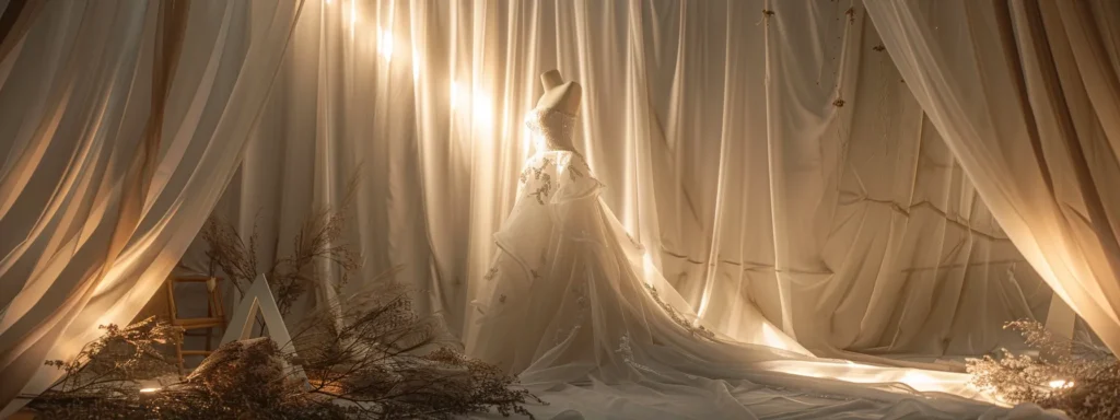 a Beautifully Styled Wedding Dress Gracefully Drapes over an Elegant Display, Surrounded by Soft Lighting That Highlights Its Intricate Details, Symbolizing the Journey of Care and Preservation After the Special Day. - Scarlet Poppy Bridal Boutique - Scarlet Poppy Bridal Boutique