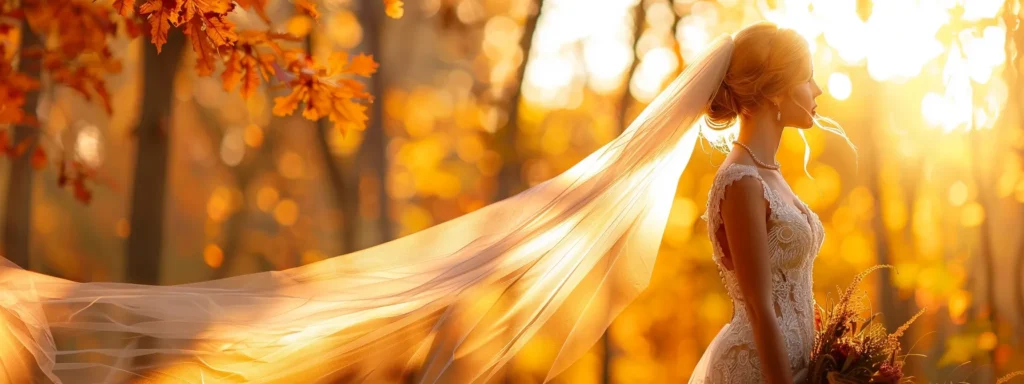 a Breathtaking Autumn Wedding Scene Captures a Radiant Bride in a Flowing Gown Adorned with a Delicate Veil, Surrounded by Vibrant Fall Foliage, Complemented by Elegant Jewelry and a Stylish Wrap for Warmth Against the Golden Sunset Glow. - Scarlet Poppy Bridal Boutique - Scarlet Poppy Bridal Boutique