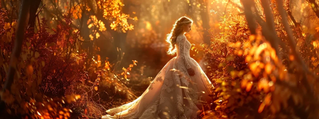 a Breathtaking Autumn Wedding Scene Unfolds with Vibrant Fall Foliage As a Graceful Bride in an Exquisite Designer Dress Stands Amidst a Tapestry of Rich Oranges and Deep Reds, Capturing the Essence of Seasonal Romance and Timeless Elegance. - Scarlet Poppy Bridal Boutique - Scarlet Poppy Bridal Boutique