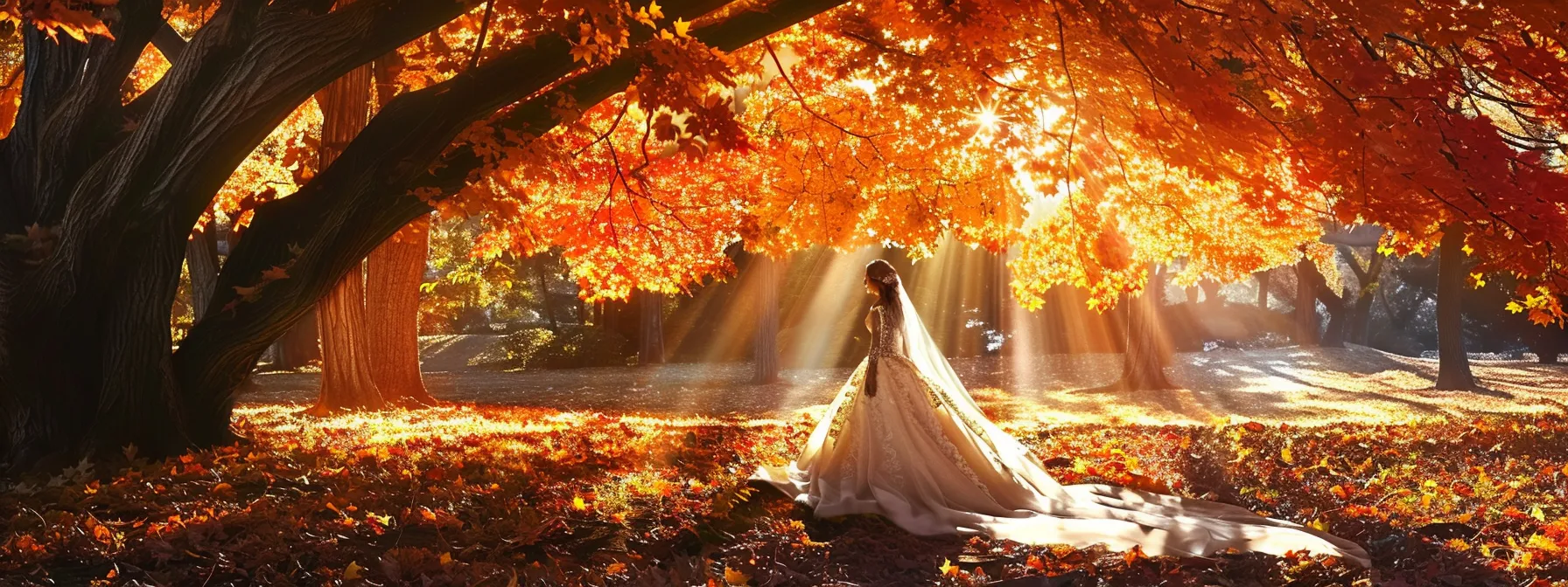 a Breathtaking Autumn Wedding Scene Features an Elegant Designer Gown Cascading with Rich Jewel Tones, Surrounded by Vibrant Autumn Leaves and Soft Golden Light Filtering Through a Canopy of Trees. - Scarlet Poppy Bridal Boutique - Scarlet Poppy Bridal Boutique