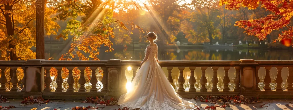a Breathtaking Autumn Wedding Scene Features Brides Adorned in Elegant A-line Silhouettes, Majestic Ball Gowns, Sleek Sheath Dresses, and Whimsical Bohemian Styles, All Harmoniously Set Against a Backdrop of Vibrant Fall Foliage, Capturing the Essence of Timeless Bridal Fashion. - Scarlet Poppy Bridal Boutique - Scarlet Poppy Bridal Boutique