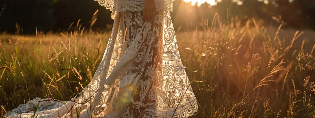 a Breathtaking Bohemian Wedding Dress, Adorned with Vibrant Ethnic Patterns and Vintage Lace, Elegantly Drapes Against a Sun-drenched Meadow, Showcasing a Harmonious Blend of Global Influences and Timeless Charm. - Scarlet Poppy Bridal Boutique - Scarlet Poppy Bridal Boutique