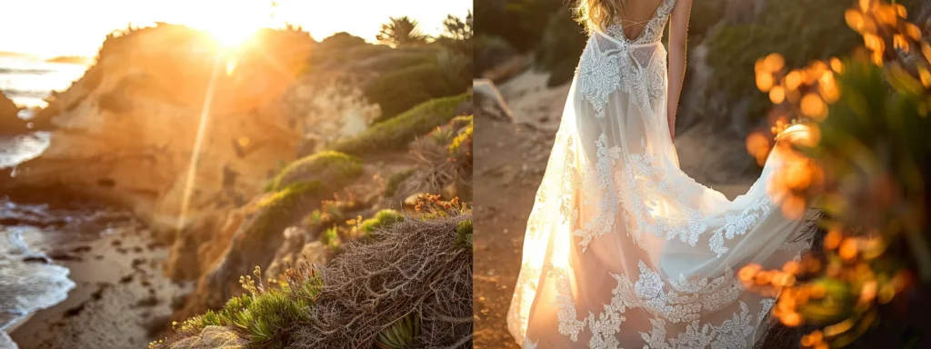 a Breathtaking Bohemian Wedding Dress Gracefully Flows Amidst a Sunlit Beach Setting, Adorned with Intricate Lace and a Relaxed Silhouette That Embodies the Spirit of a Free-spirited Bride. - Scarlet Poppy Bridal Boutique - Scarlet Poppy Bridal Boutique